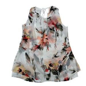 White House Black Market Floral‎ Blouse Sleeveless Layered Sheer White S